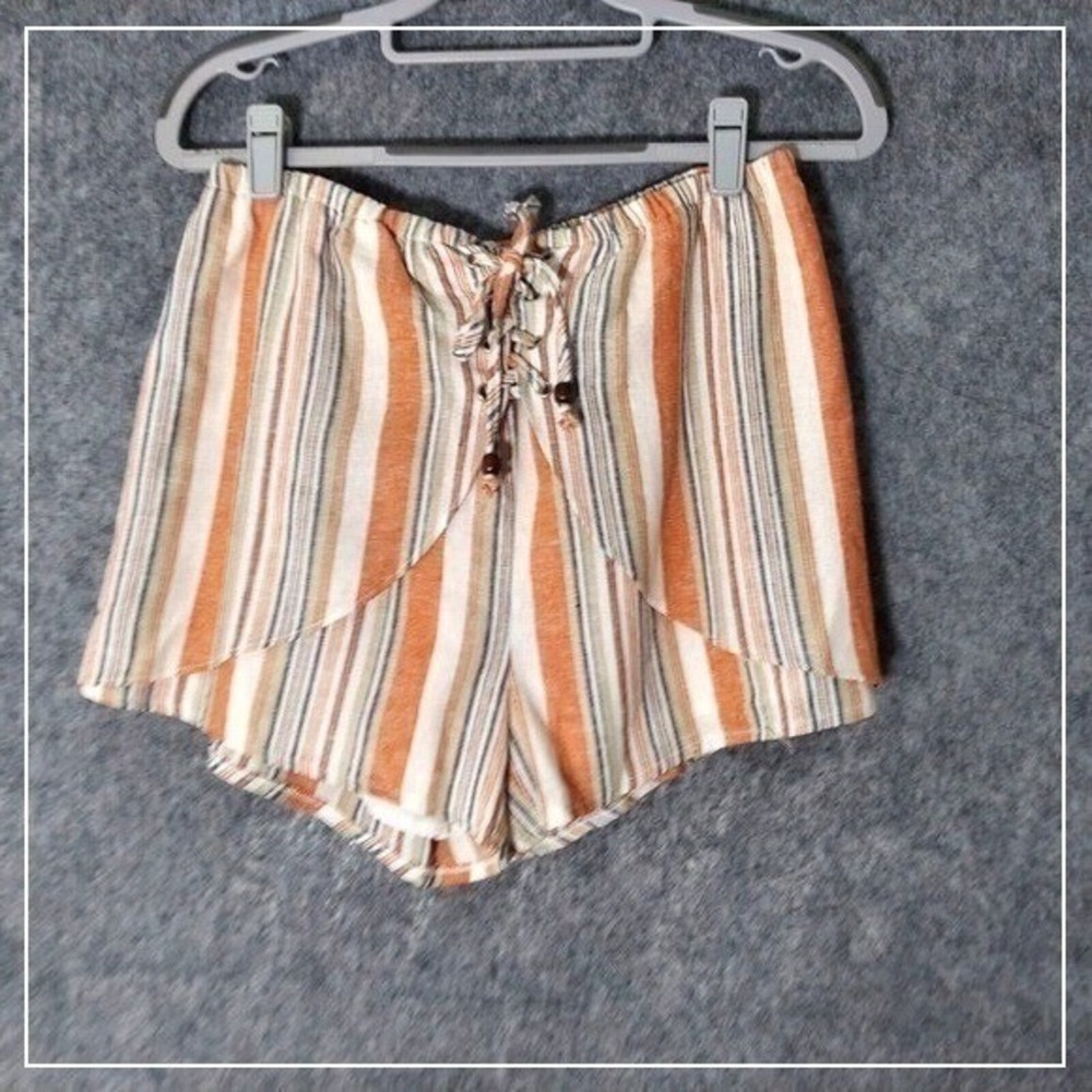 Honey Belle‎ Shorts L Orange Linen Striped High Rise Lace Up Coastal Beach Boho
